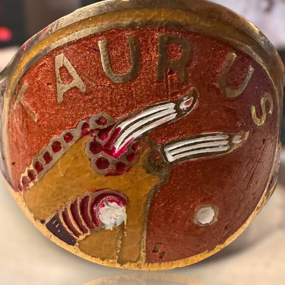 Vintage Brass Hand Painted TAURUS Zodiac Astrology Cuff Bracelet - Picture 4 of 9